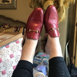 Gucci red fur slides